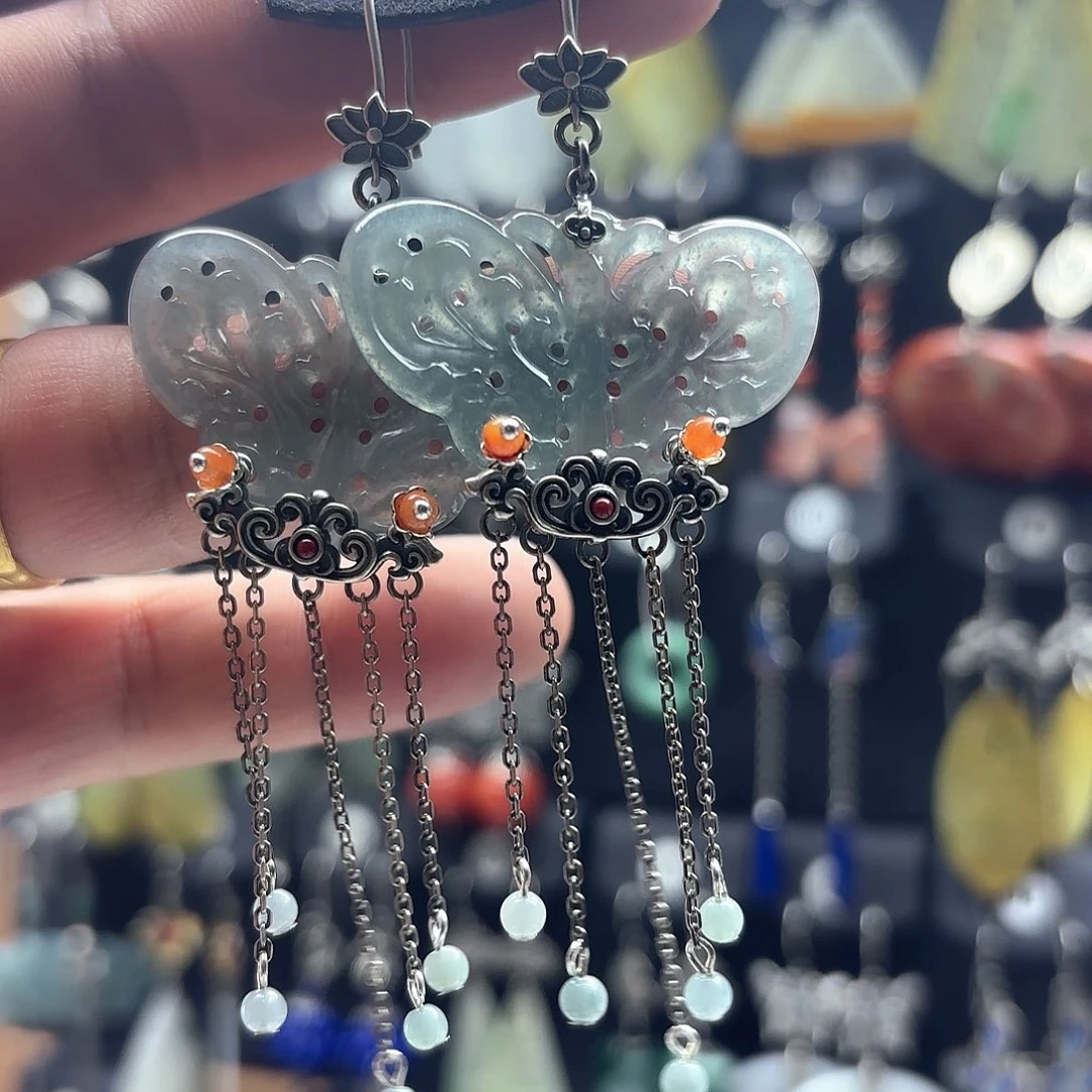 翡翠耳饰银S925镶嵌樱***电