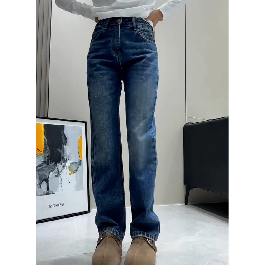 秋季复古高腰弹力窄版直筒牛仔裤女梨形显瘦百搭气质减龄修身长裤