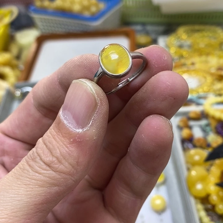 蜜蜡银S925镶嵌裸石戒指