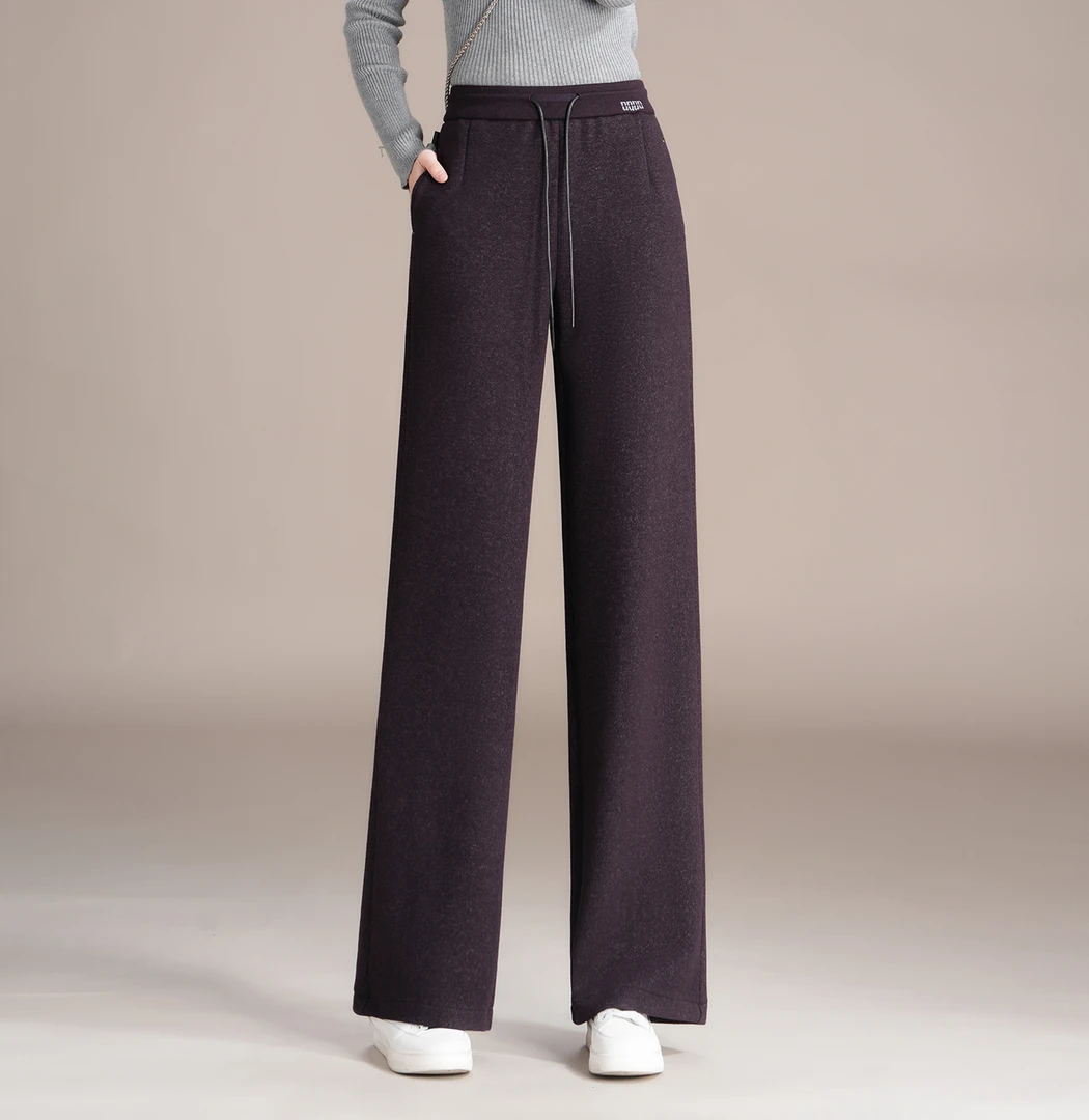 松紧腰羊毛呢阔腿裤女2025秋冬新款加厚高腰显瘦宽松垂感直筒卫裤