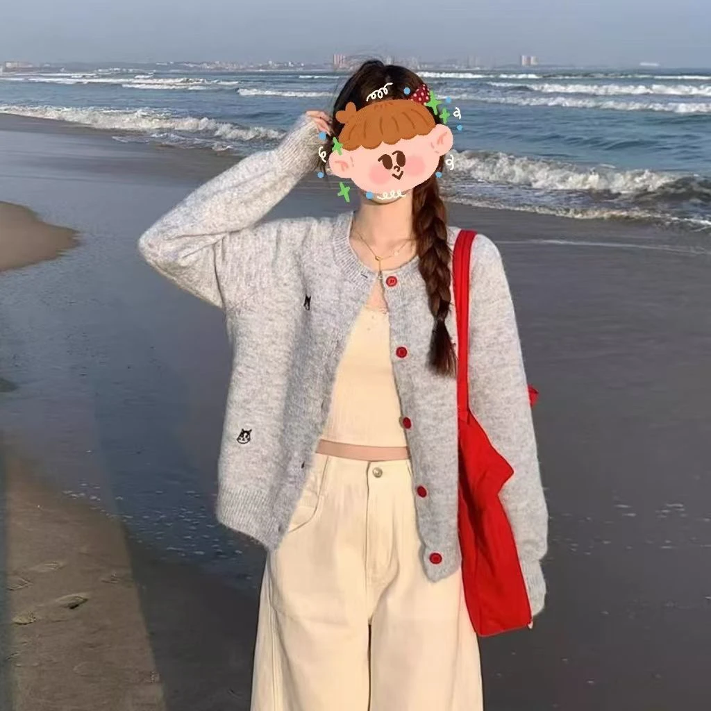 春季2025新款小猫刺绣开衫女韩系外搭高级感毛衣针织上衣外套