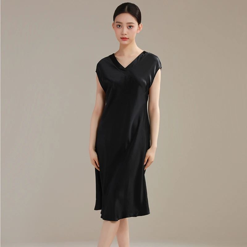 100%桑蚕丝睡裙女夏季无袖真丝睡衣尖领薄款显瘦高级感家居服黑色