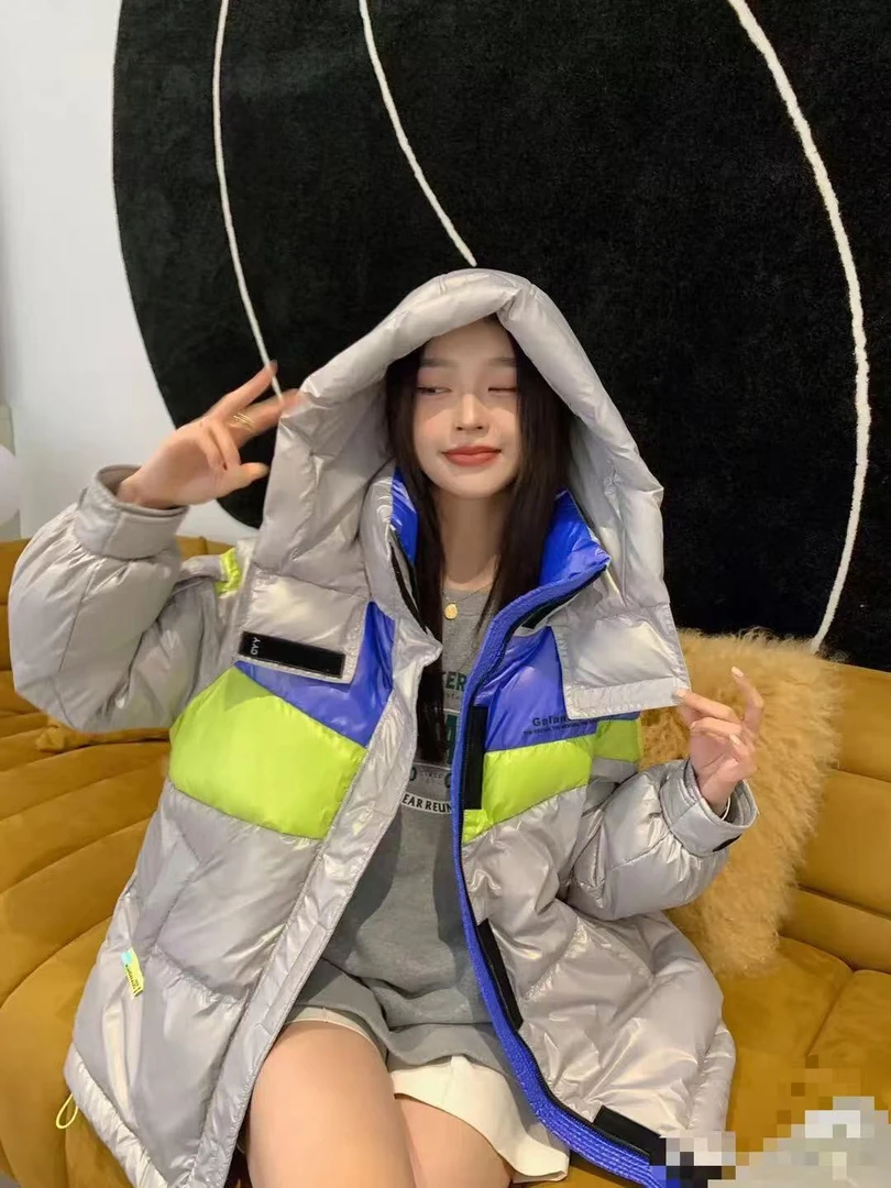 亮面撞色羽绒服女连帽2024年爆款欧洲站白鸭绒加厚外套潮B14-7
