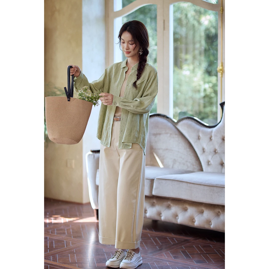 红念浅绿色亚麻条纹衬衫女长袖秋季2025新款女装气质早秋衬衣上衣