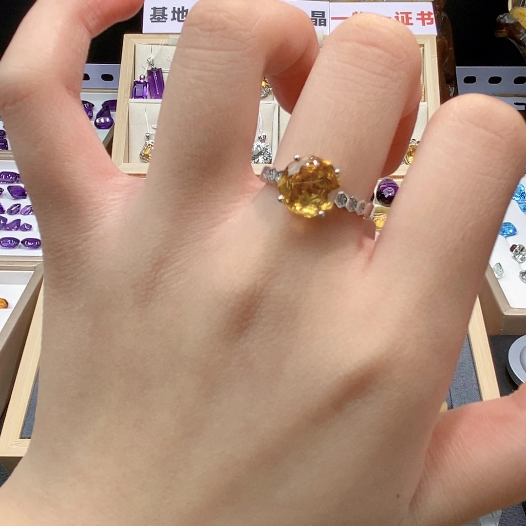 银S925镶嵌水晶珠宝半成品纯天然无优化黄水晶戒指X