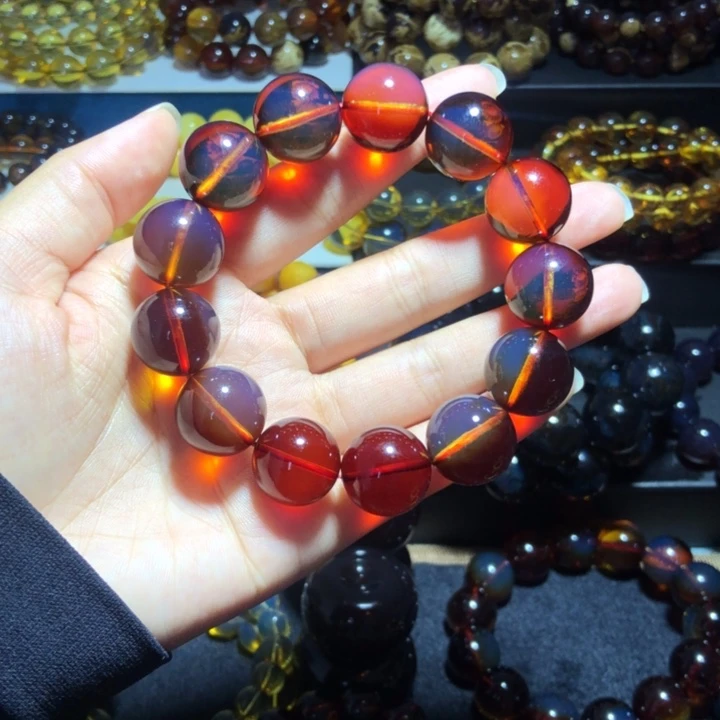 琥珀未镶嵌手链馆藏级5Ａ净水妖孽火彩红蓝珀手串
