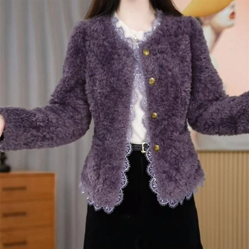 大码服饰2店小香风蕾丝边羊羔毛外套女秋冬新款法式甜美百搭