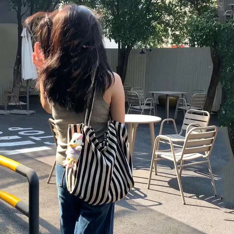 2025新款条纹帆布包女大容量ins文艺韩系慵懒风托特单肩大包通勤