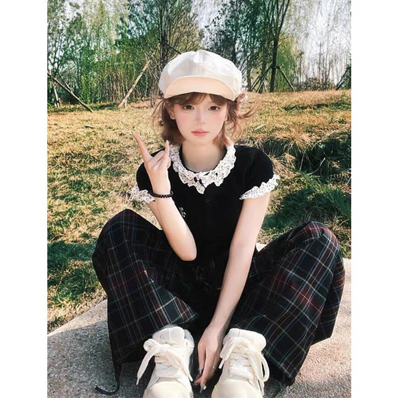 美式辣妹蕾丝花边纽扣短款短袖t恤女夏季修身学院风显瘦百搭上衣