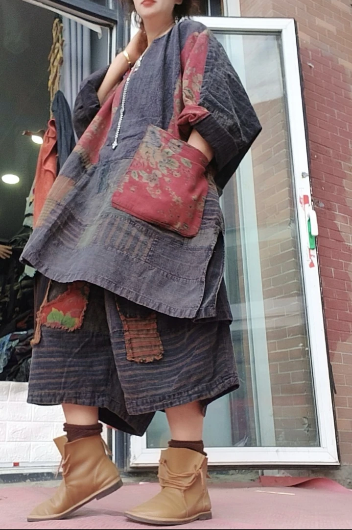 无吊牌炒色做旧老布拼红花圆领中长衫直播间自选色