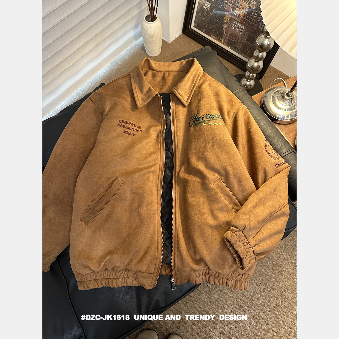 刺绣仿麂皮翻领棉衣夹克秋冬季复古港风美式加厚夹克男女休闲外套