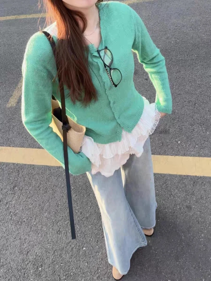 多巴胺韩系花边温柔风春季毛衣女上衣2025早春新款小开衫外搭气质