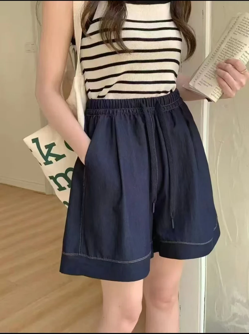 Meiky饼 休闲百搭 松紧腰A版显瘦阔腿短裤 2色