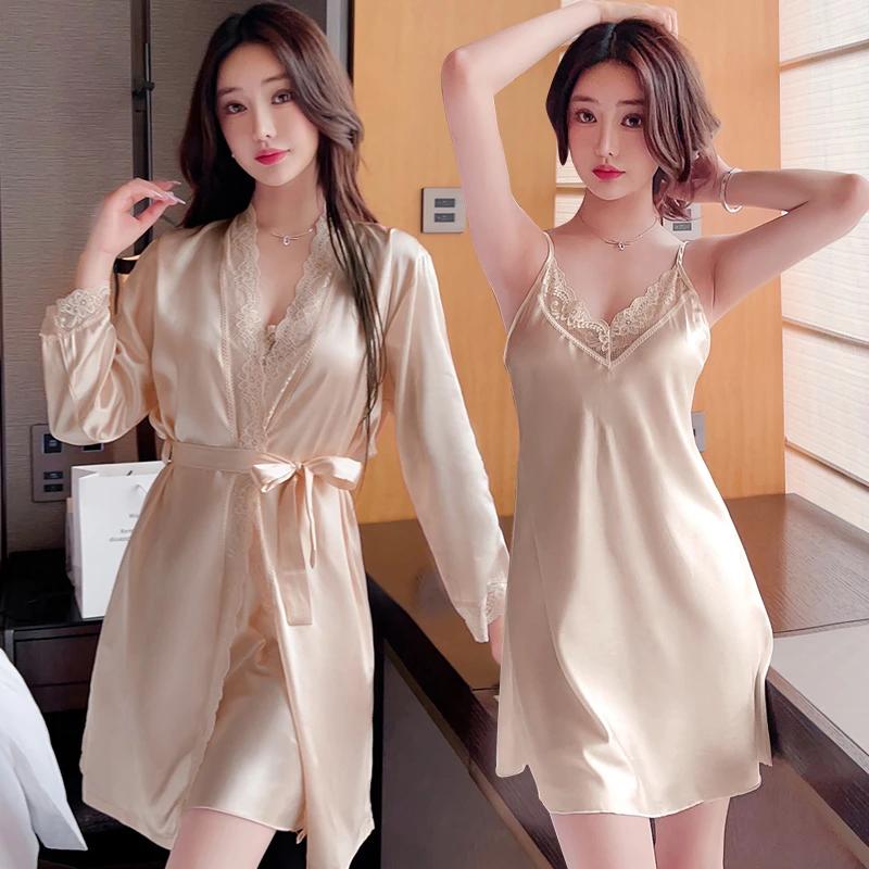 浪莎丝绸睡衣女夏性感冰丝吊带短袖两件套睡裙春秋薄款睡袍家居服