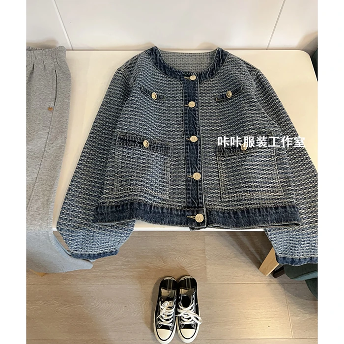 REKAYYAT"知春“春季新款名媛气质高级感拼接圆领小香风牛仔外套