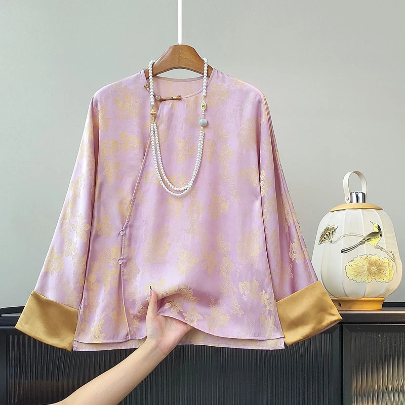 原创设计春秋新中式复古圆领手工扣斜门襟手工宽松上衣女中国风