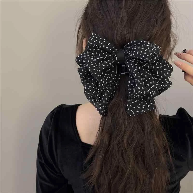氛围感波点雪纺蝴蝶结发夹女2025新款后脑勺盘发抓夹鲨鱼夹子头饰