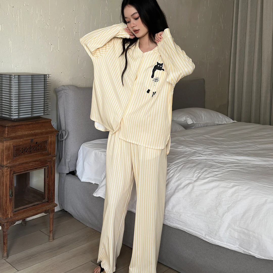 及好新款睡衣女春秋季纯棉条纹长袖开衫可外穿家居服秋冬款套装