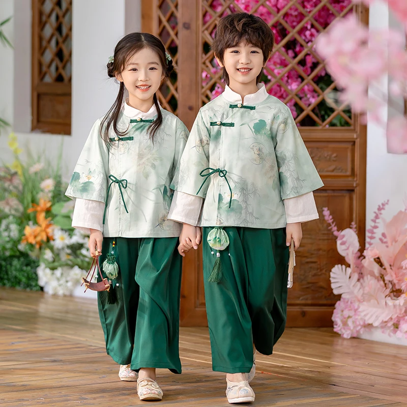 男童中国风唐装演出服儿童古装汉服中小学生三字经朗诵表演服装女