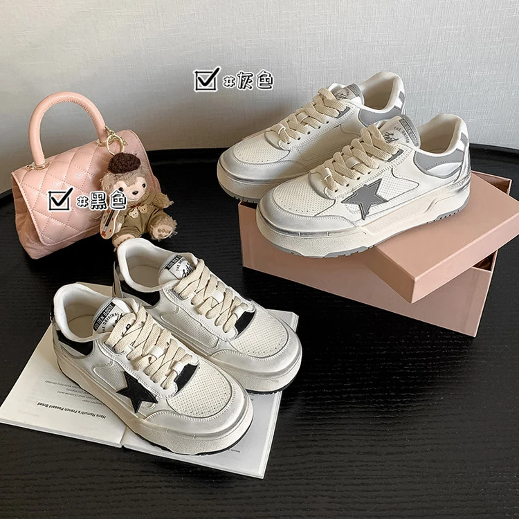 做旧小白鞋女星星运动休闲板鞋真皮5cm脏脏鞋百搭韩版2025