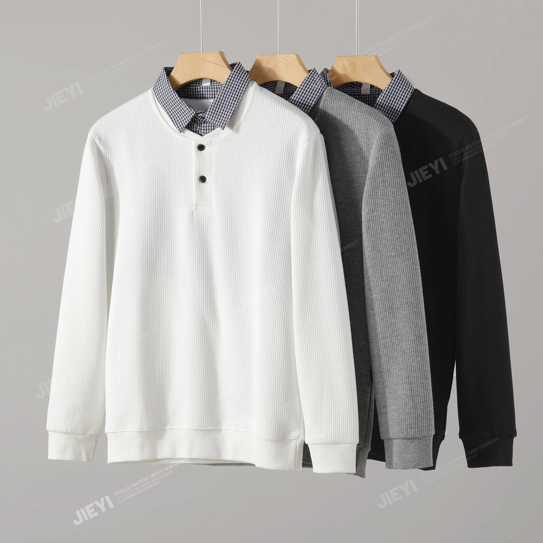 秋冬高品质领口格纹设计休闲假两件卫衣男士时尚百搭撞色修身长袖