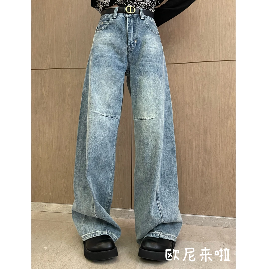 欧尼家【折线牛仔裤】高差三角式阔腿牛仔裤百搭宽松设计师KZ5712N