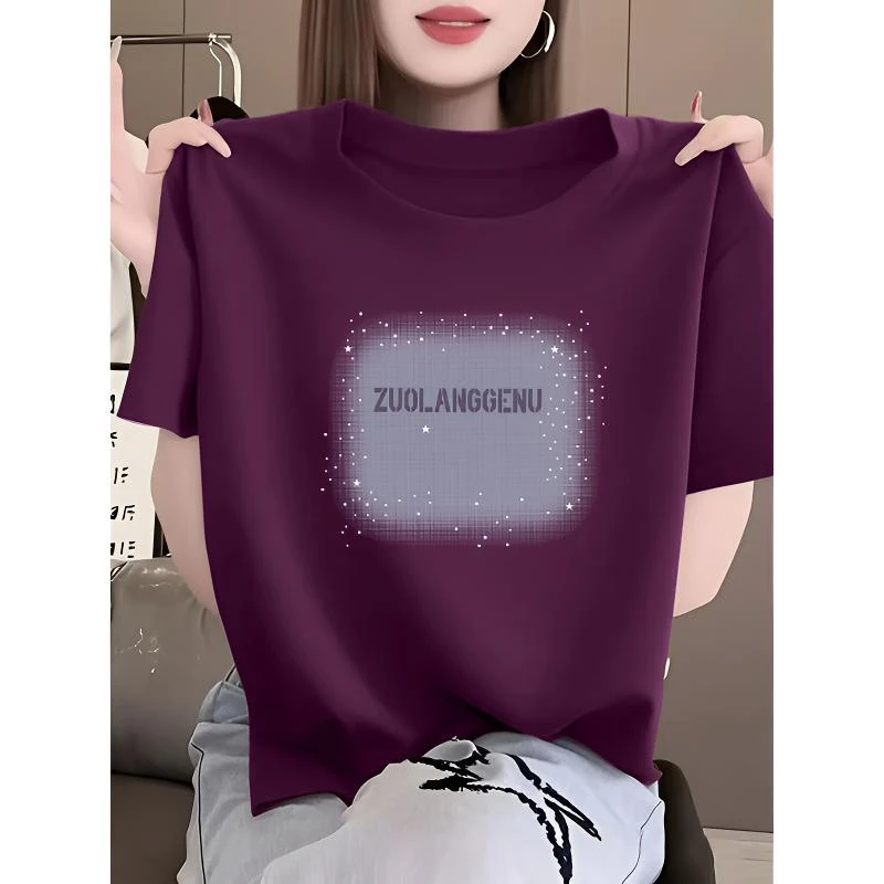 2025夏季新款设计感印花短袖t恤女爆款百搭休闲正肩女士洋气上衣