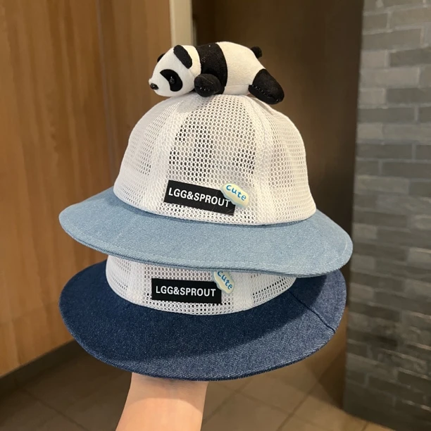 【萌动街头】婴儿遮阳帽夏季薄款可爱熊猫网眼渔夫帽透气防晒太阳帽