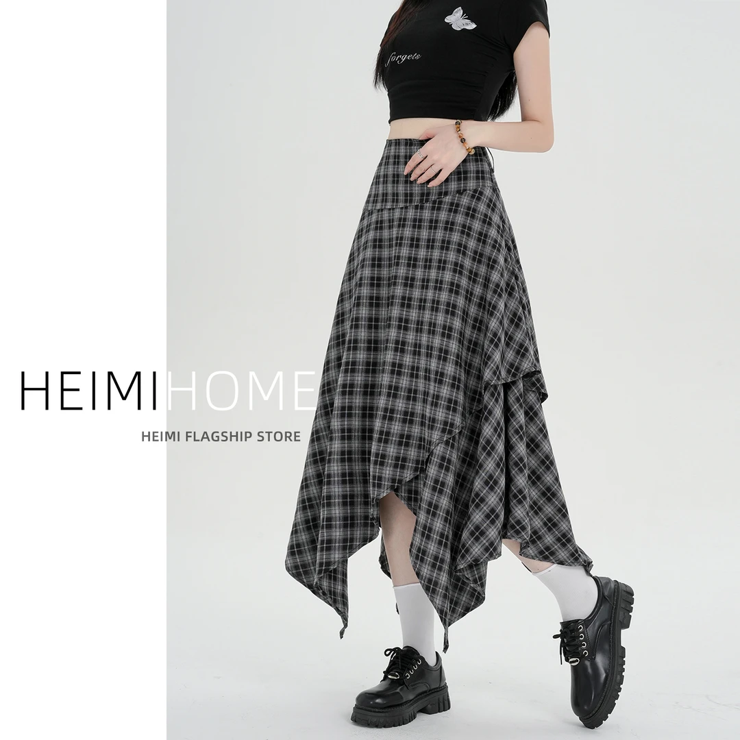 学院风不规则格纹半身裙女夏薄款高腰复古a字中长裙设计感格子裙