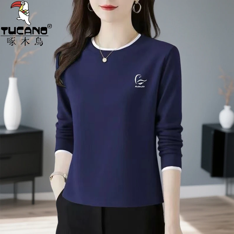 啄木鸟纯棉长袖t恤女士打底衫秋冬内搭中年新款韩版洋气正肩上衣