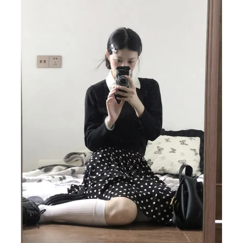 2025夏季新款女法式气质拼色翻领修身针织上衣高腰显瘦波点半身裙