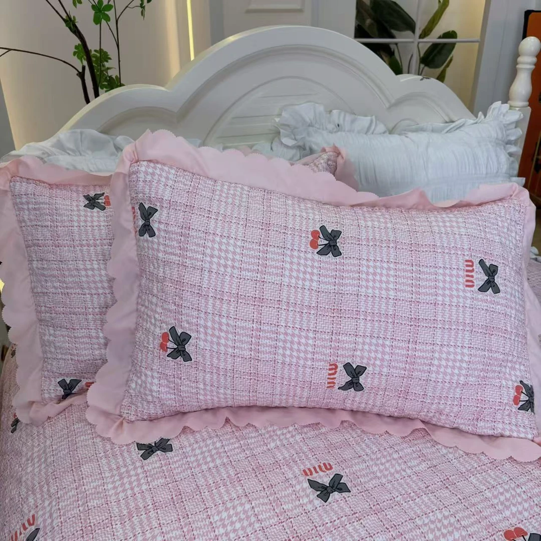 四季款【粉格蝴蝶结】有氧提花泡泡棉枕套枕头套-F