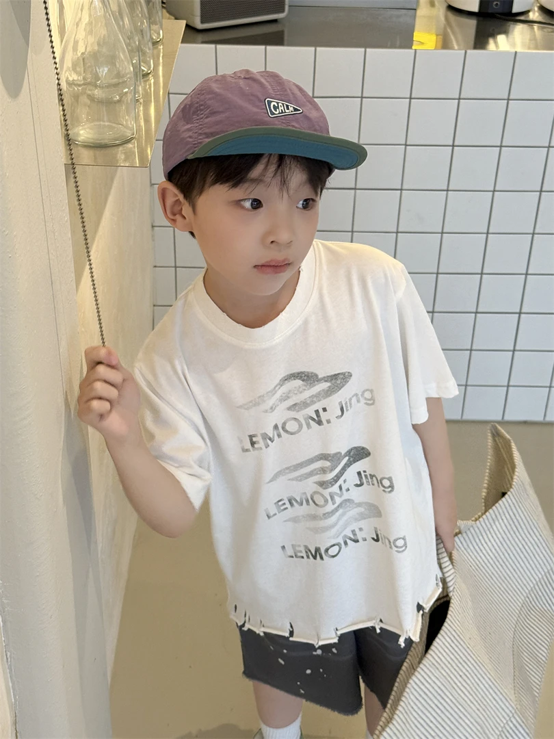 （精选）-T恤2025夏季新款磨边设计感短袖男童纯棉透气T潮