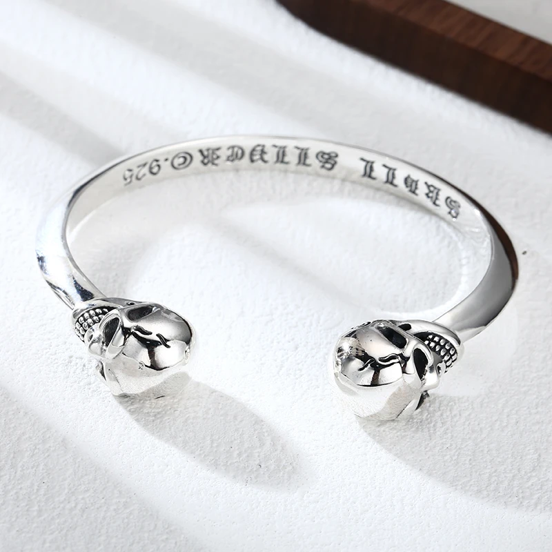 925银手镯 光面双头骷髅头开口手镯 男女同款流行饰品