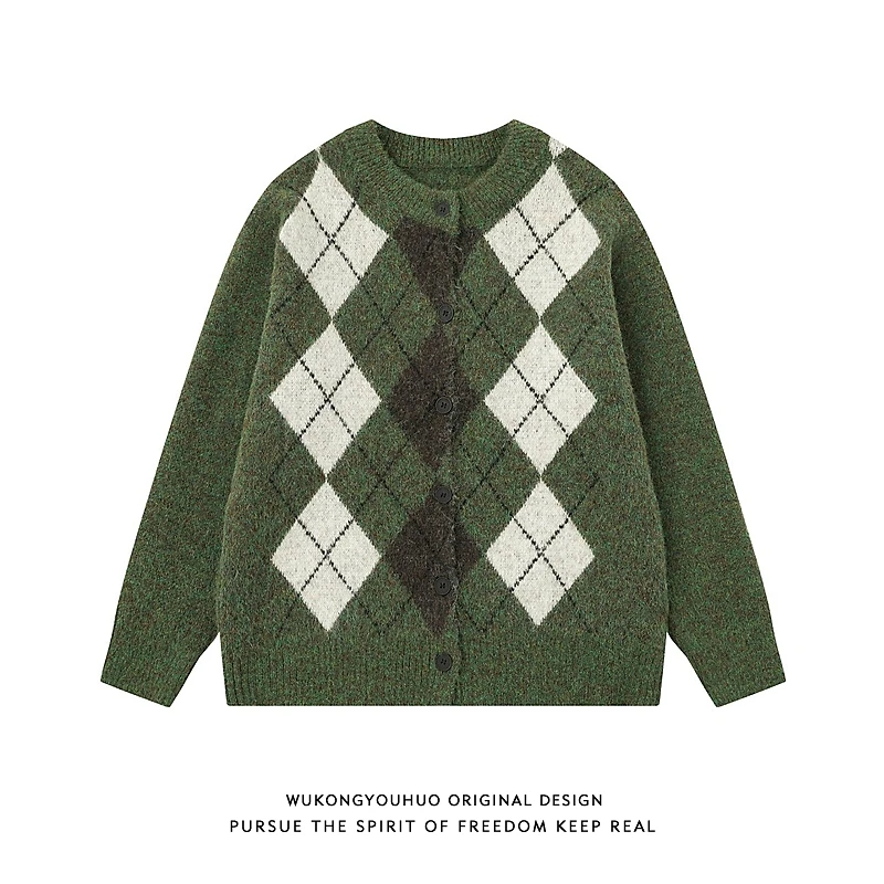 悟空有货学院风菱形提花纽扣开衫毛衣男秋季潮牌情侣宽松针织外套