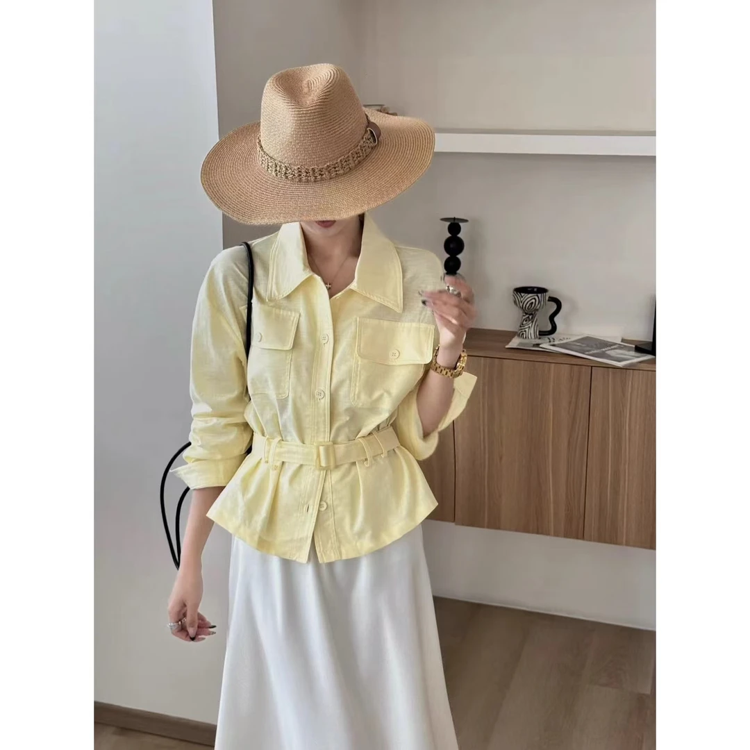 SP 设计感亚麻单排扣系腰带衬衫外套女气质收腰上衣外套