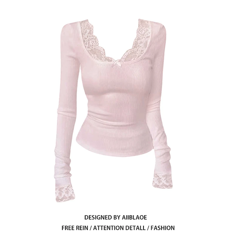 粉色蕾丝拼接长袖T恤女春秋冬2025新款修身设计感内搭打底衫上衣