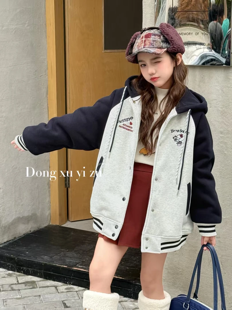 女童加绒加厚外套冬款儿童连帽卫衣中大童女孩加厚开衫 DX83703