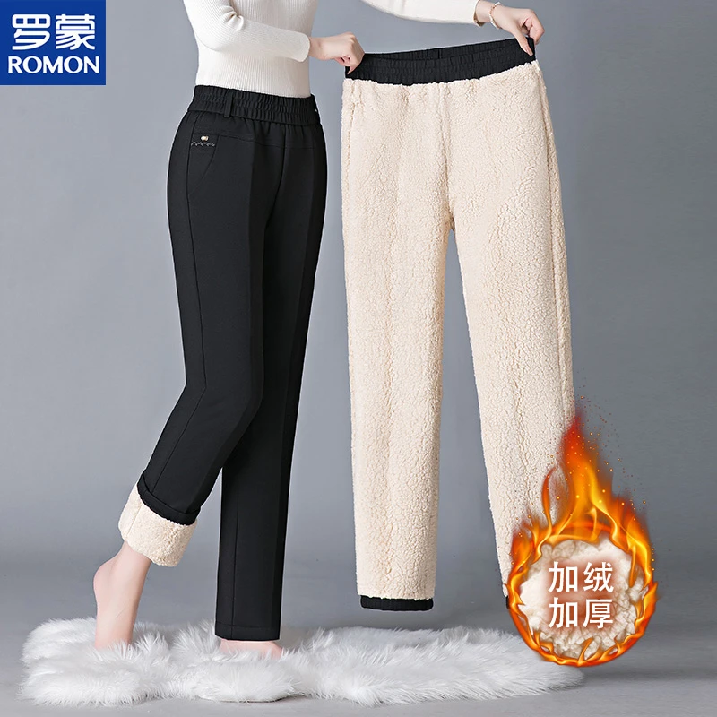 罗蒙中老年人女羊羔绒棉裤秋冬季直筒裤妈妈冬装加绒加厚款休闲裤