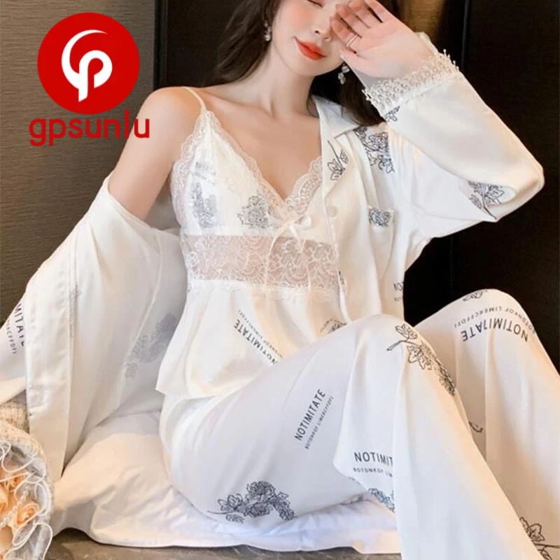 GPSUNLU夏季冰丝睡衣女款轻奢三件套薄款蕾丝边性感甜美家居服