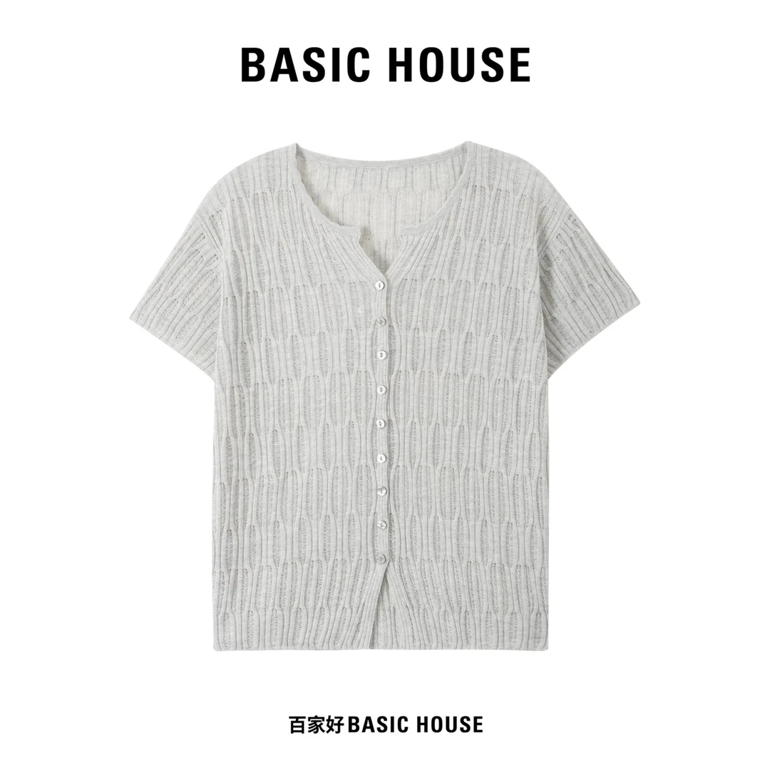 Basic House/百家好2025年新款V领百搭镂空短袖针织衫4982 MM