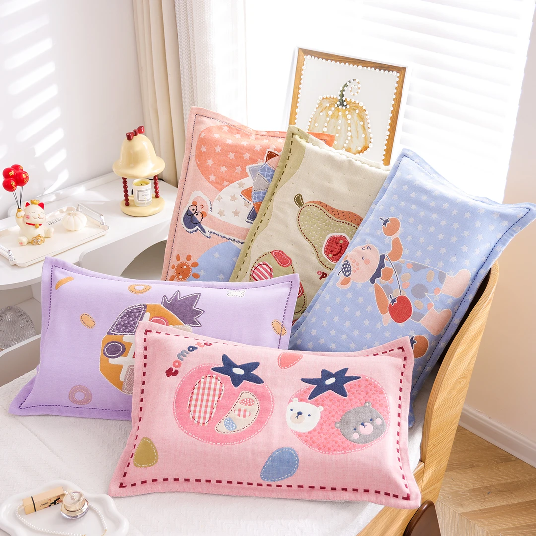 纯棉纱布儿童枕套卡通全棉枕头套一对装四季防滑不脱落枕芯内胆套