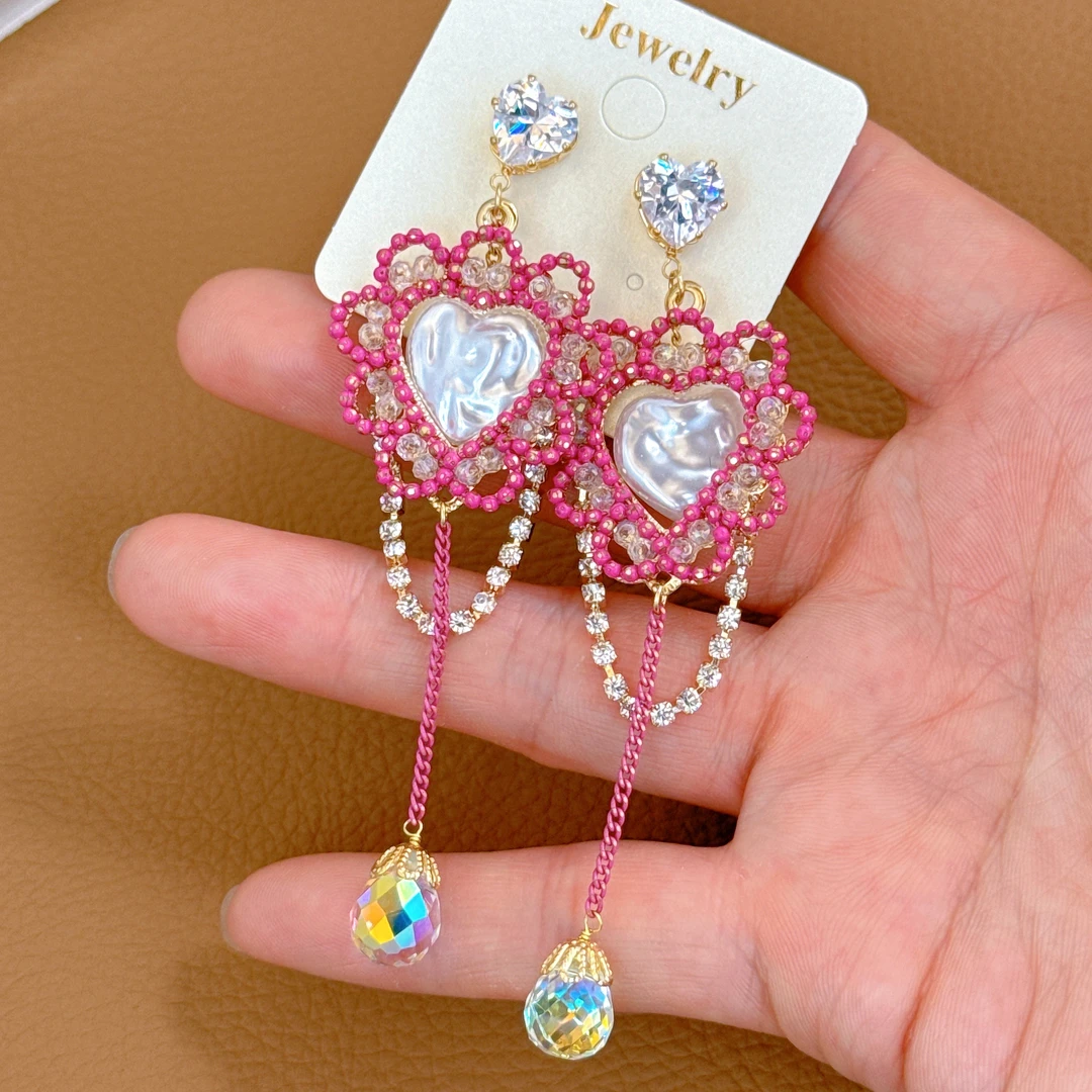 铜合金合成锆石耳饰 韩国施华手工彩色层叠水滴流苏仙女银针耳环