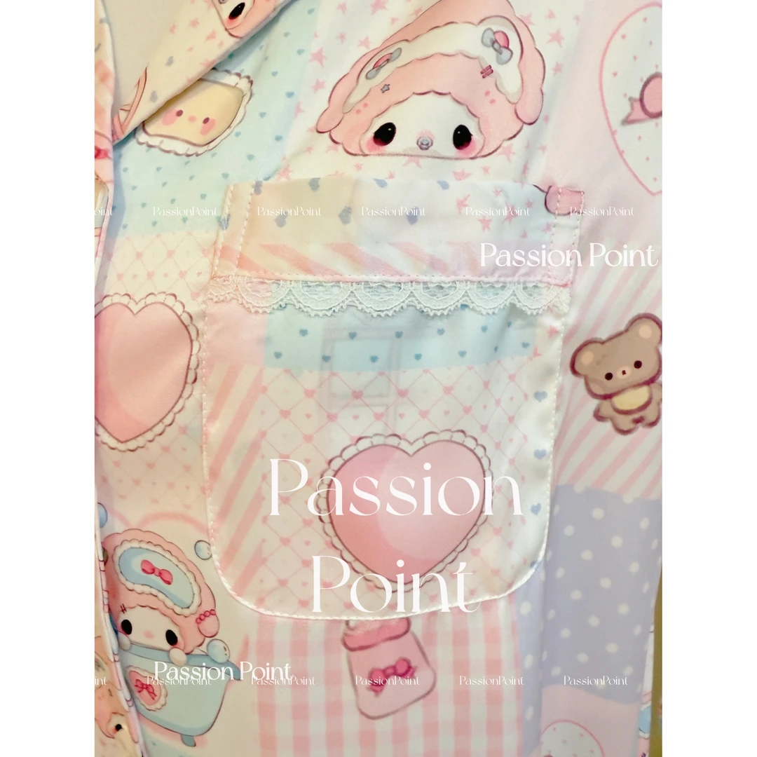 PassionPoint小羊卡通可爱少女拼色缎面睡衣套装