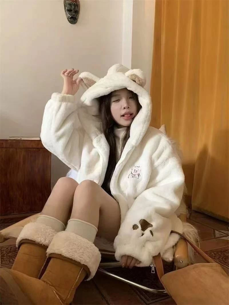 秋冬棉服毛毛外套网红款保暖加厚甜美韩版冬季休闲连帽宽松学生