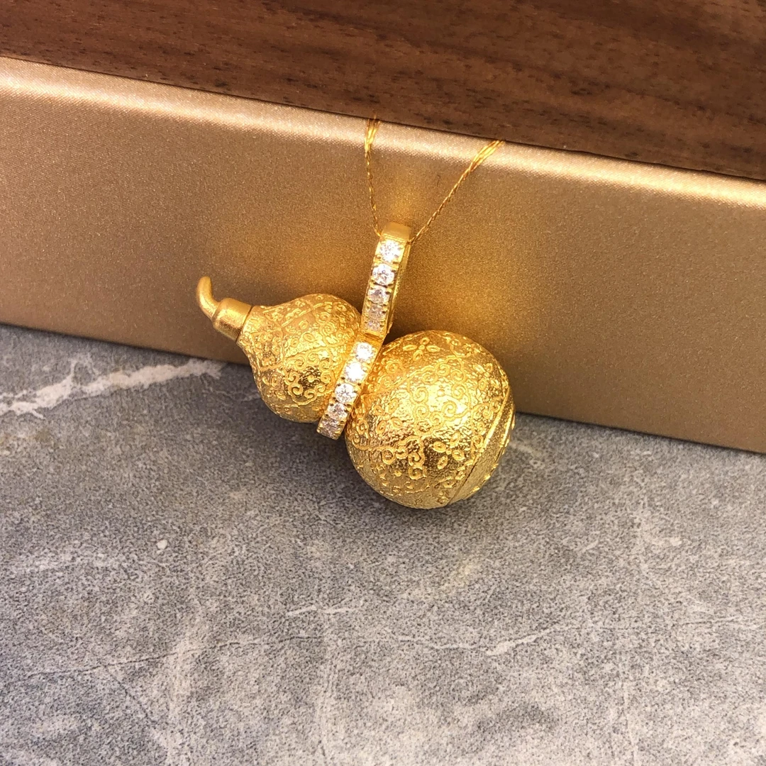 黄金足金999古法丝绒福字点钻葫芦吊坠订制