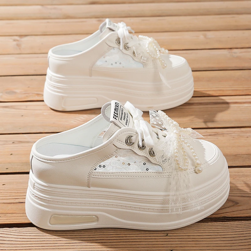 内增高厚底包头拖鞋女夏季外穿透气半托高跟薄款坡跟时尚网面