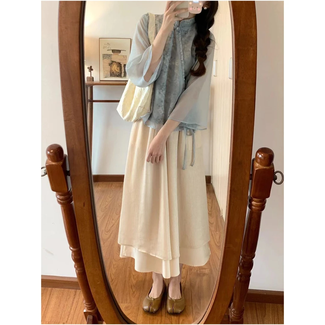 轻国风系带立领长袖衬衫女春秋设计感小众禅意风新中式裙裤