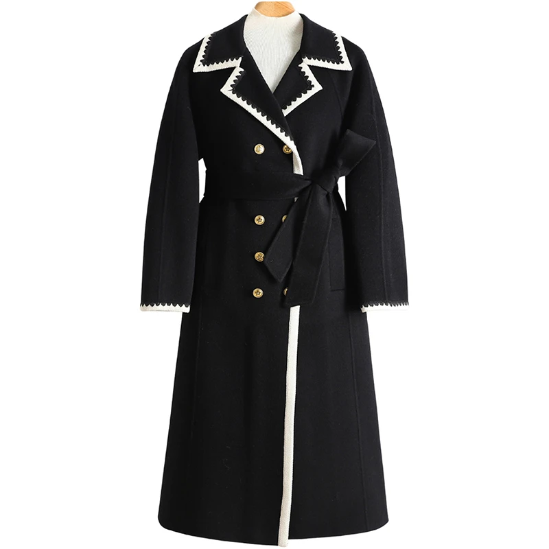 F8353-【力】撞色收腰中长款双面呢毛呢大衣女#VOS58B004