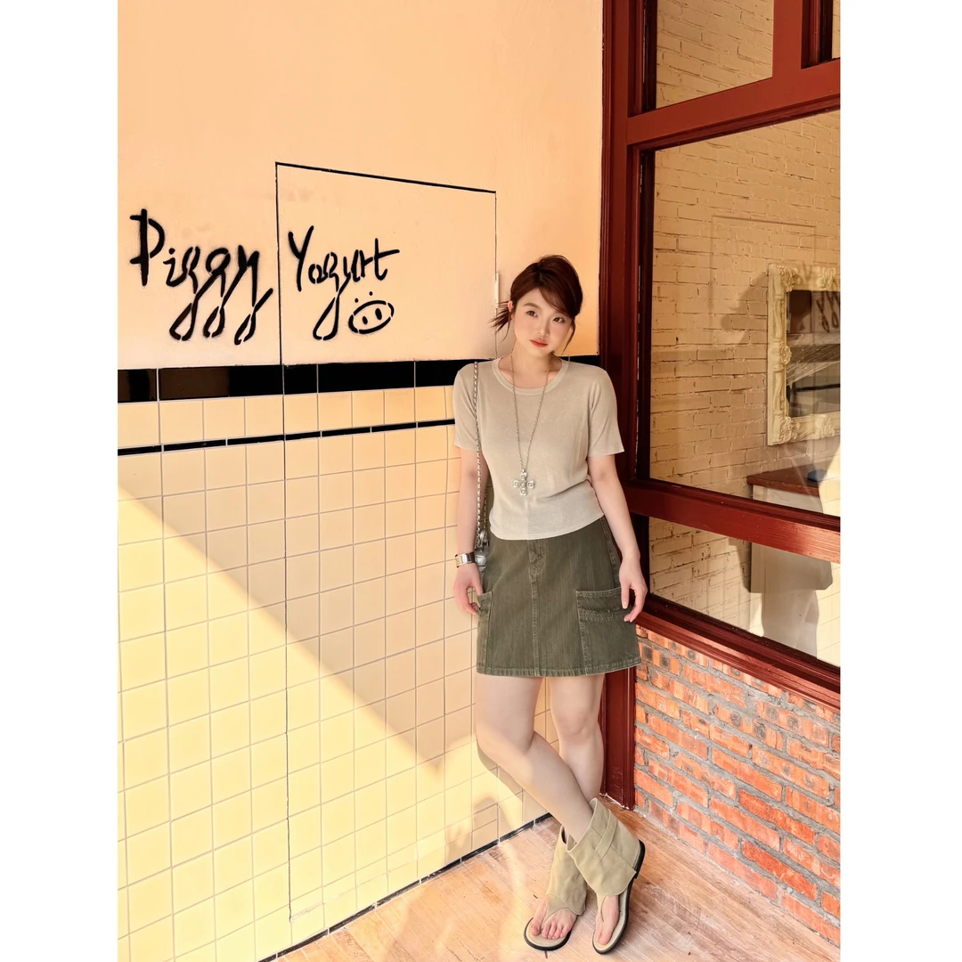 晶咕【果冻味的夏】后背露腰绑带纯色圆领短袖针织上衣时尚